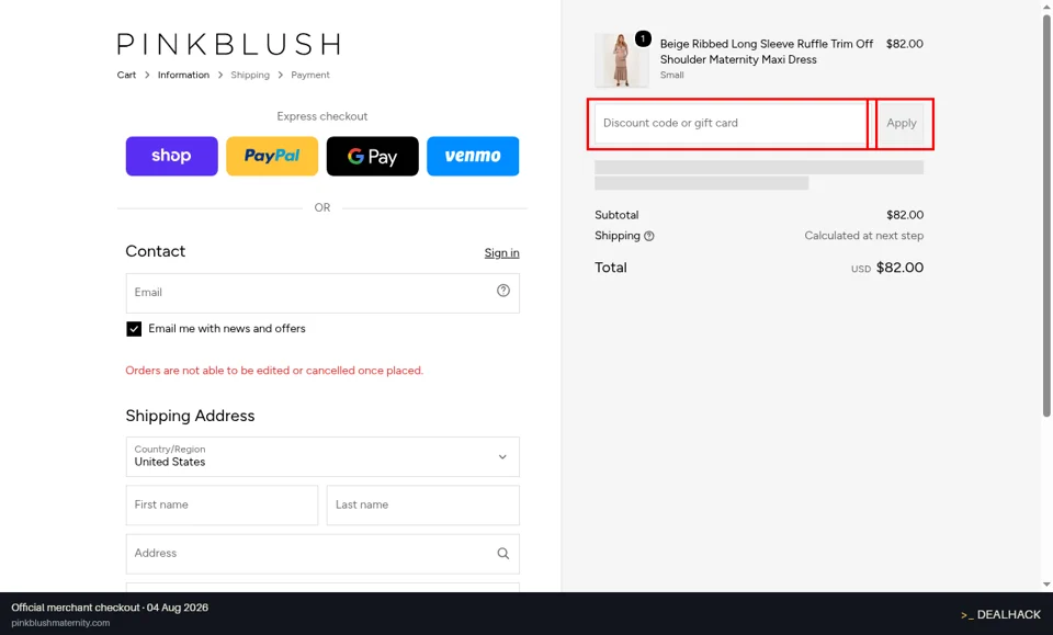 PinkBlush Maternity checkout page showing the Discount code or gift card field and Apply button
