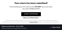 Screenshot of PinkBlush Maternity's website on Oct 23, 2026 showing the "Get 10% Off Your Next Order After a Return" offer