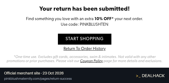 Screenshot of PinkBlush Maternity's website on Oct 23, 2026 showing the "Get 10% Off Your Next Order After a Return" offer