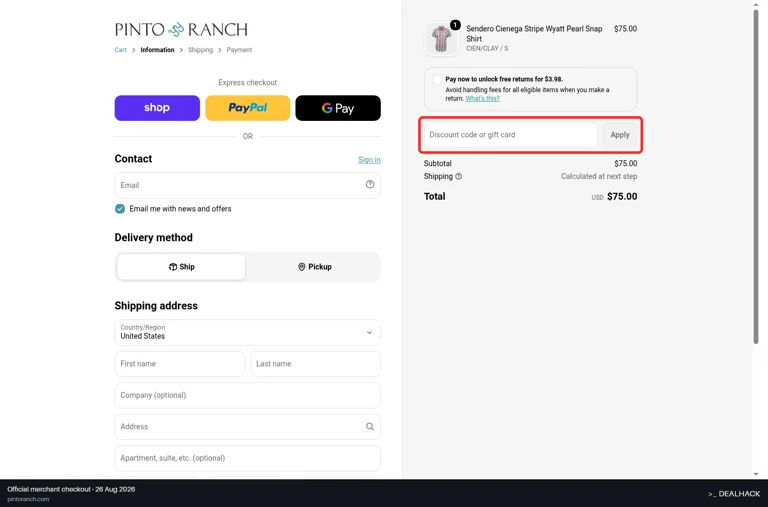 Pinto Ranch checkout page showing the Discount code or gift card field and Apply button