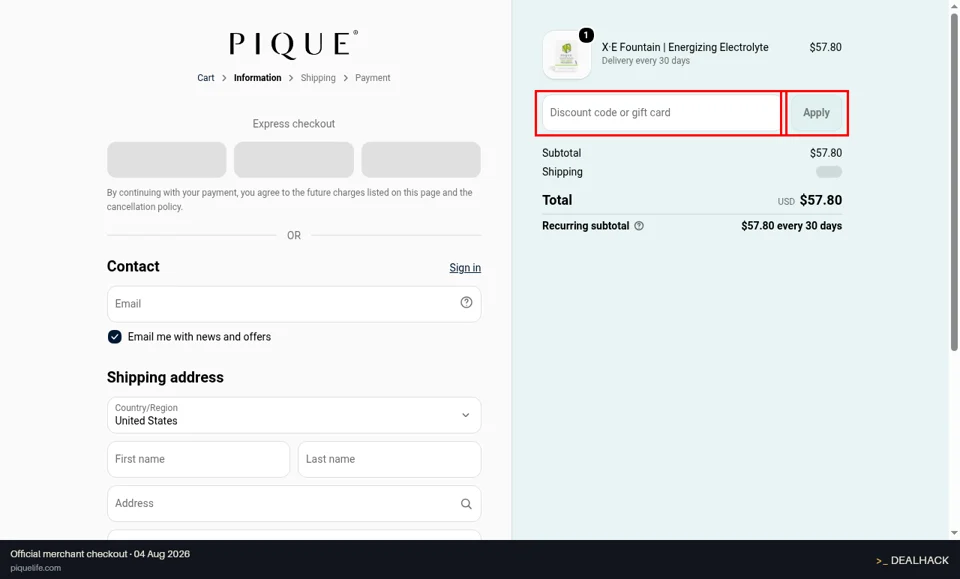 Pique checkout page showing the Discount code or gift card field and Apply button