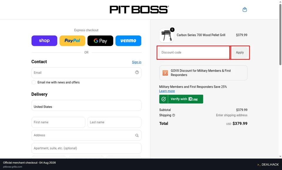 Pit Boss Grills checkout page showing the Discount code field and Apply button