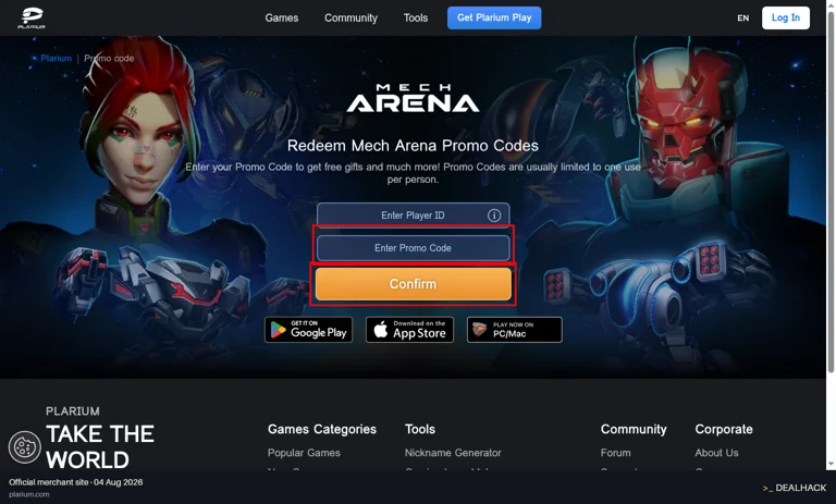 Plarium checkout page showing the Enter Promo Code field and Confirm button