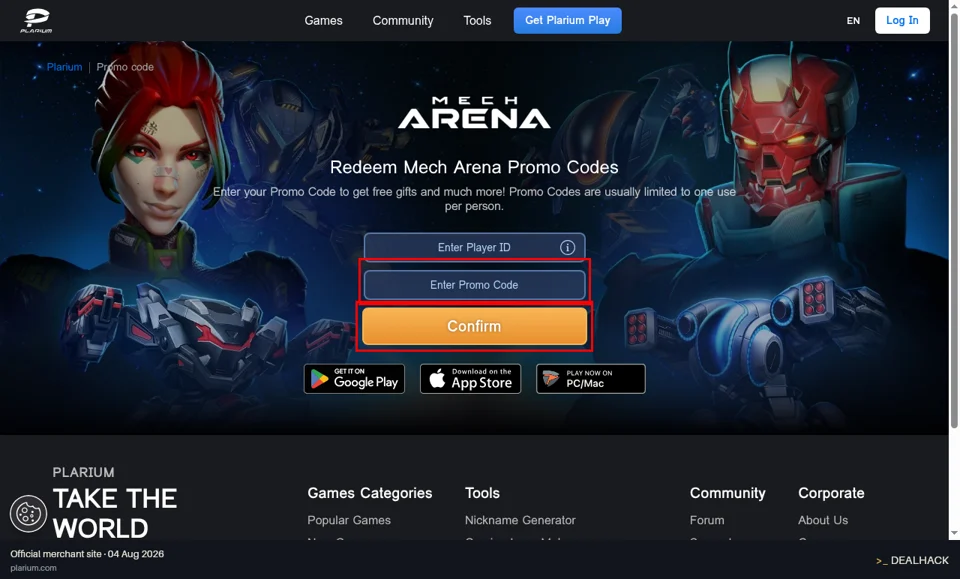 Plarium checkout page showing the Enter Promo Code field and Confirm button