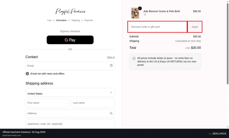 Playful Promises checkout page showing the Discount code or gift card field and Apply button