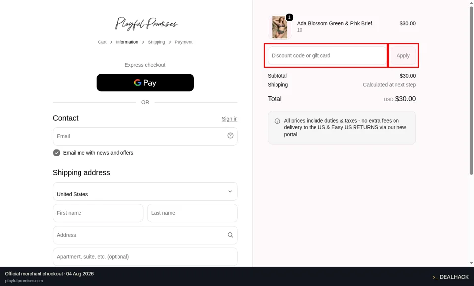 Playful Promises checkout page showing the Discount code or gift card field and Apply button