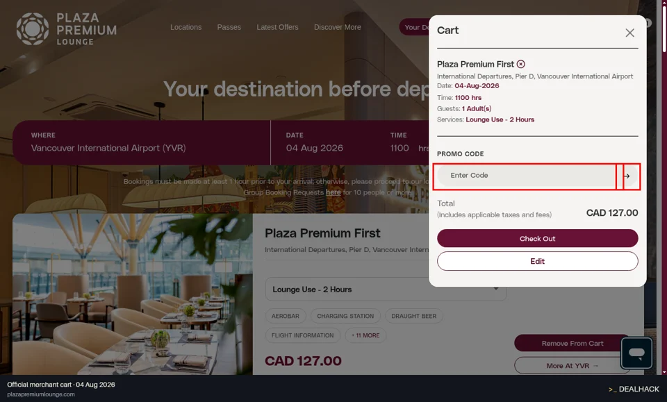 Plaza Premium Lounge checkout page showing the Enter Code field and Apply button