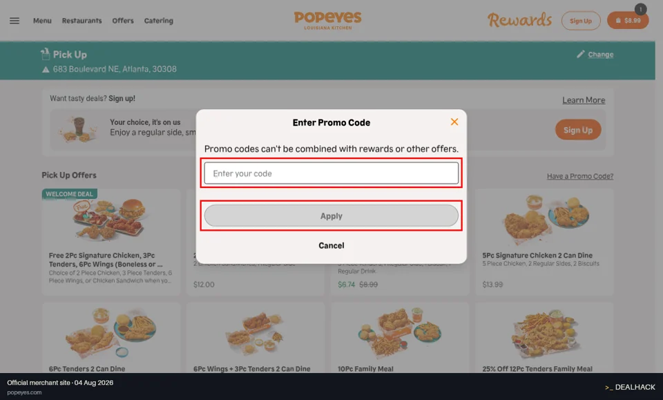 Popeyes checkout page showing the Enter your code field and Apply button