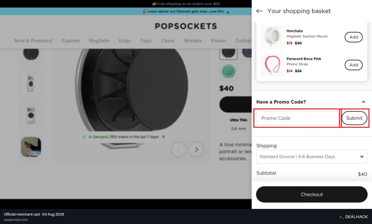 PopSockets checkout page showing the Promo Code field and Submit button