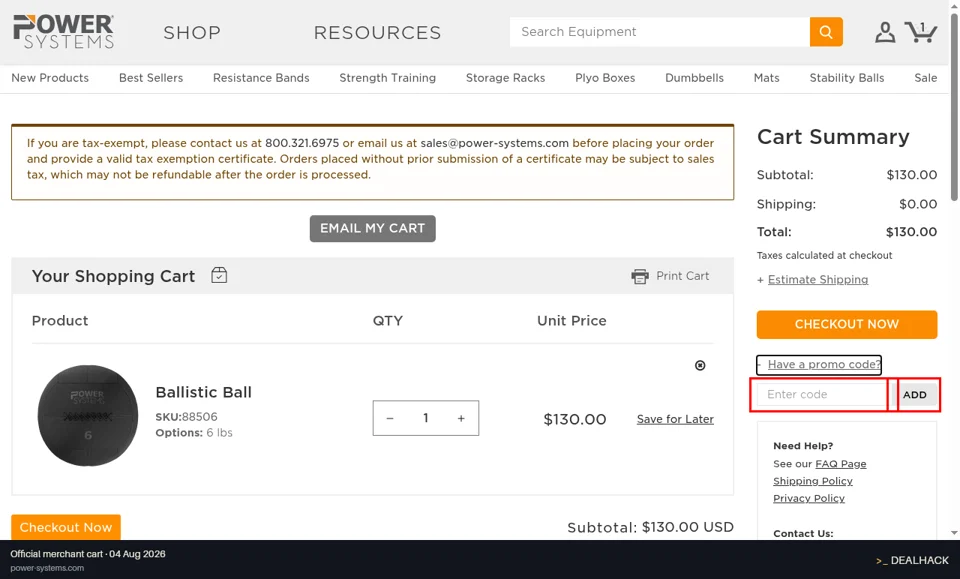 Power Systems checkout page showing the Enter code field and Add button