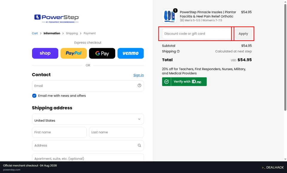 PowerStep checkout page showing the Discount code or gift card field and Apply button