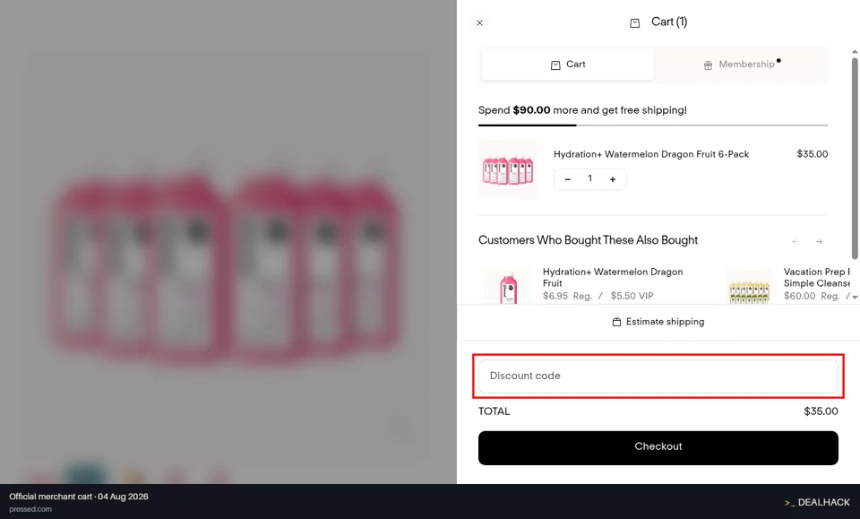 Pressed checkout page showing the Discount code field and Apply button