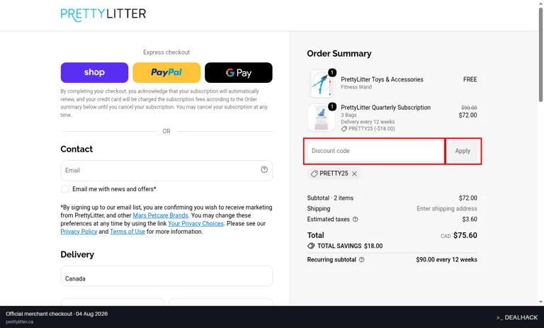 PrettyLitter Canada checkout page showing the Discount code field and Apply button
