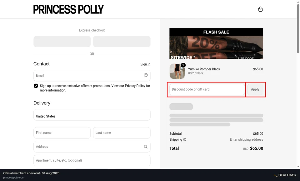 Princess Polly checkout page showing the Discount code or gift card field and Apply button