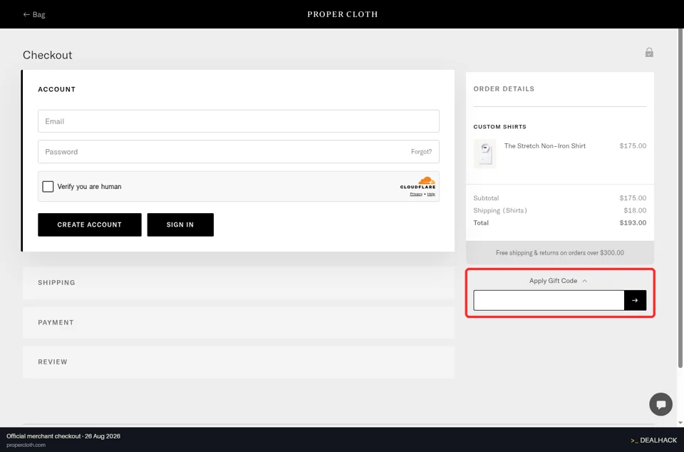 Proper Cloth checkout page showing the Apply Gift Code field and → button