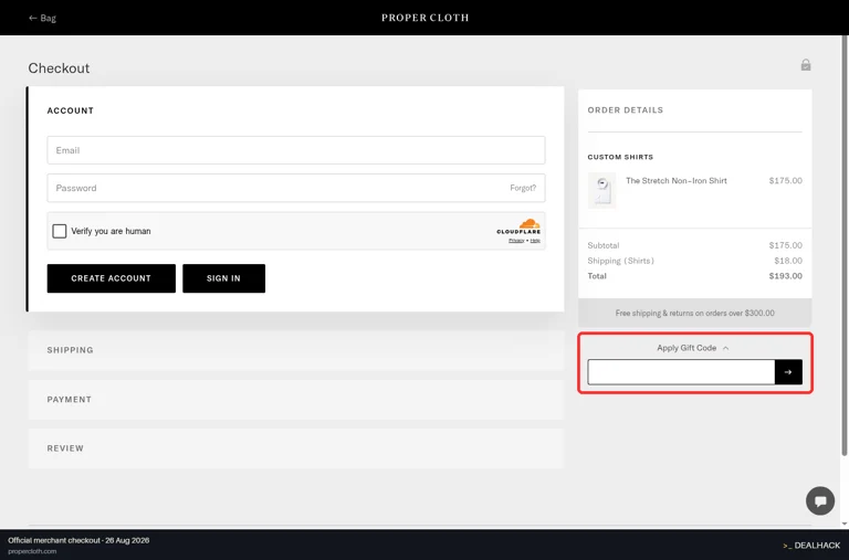 Proper Cloth checkout page showing the Apply Gift Code field and → button