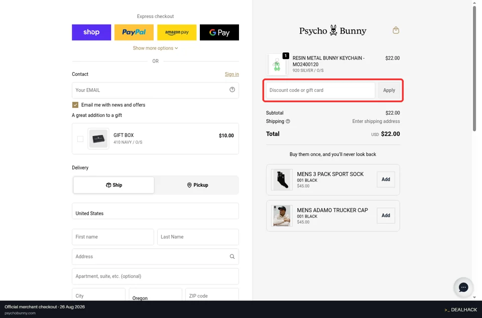 Psycho Bunny checkout page showing the Discount code or gift card field and Apply button
