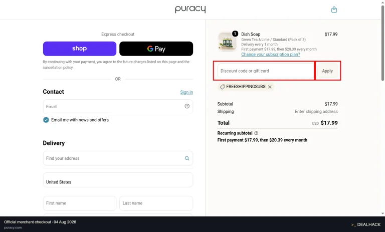 Puracy checkout page showing the Discount code or gift card field and Apply button