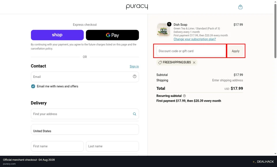 Puracy checkout page showing the Discount code or gift card field and Apply button