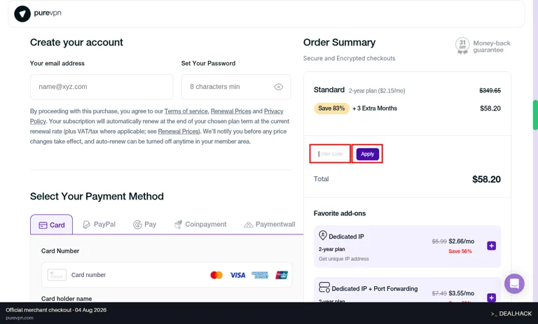 PureVPN checkout page showing the Enter code field and Apply button