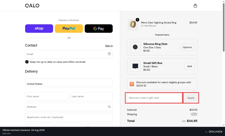 QALO checkout page showing the Discount code or gift card field and Apply button