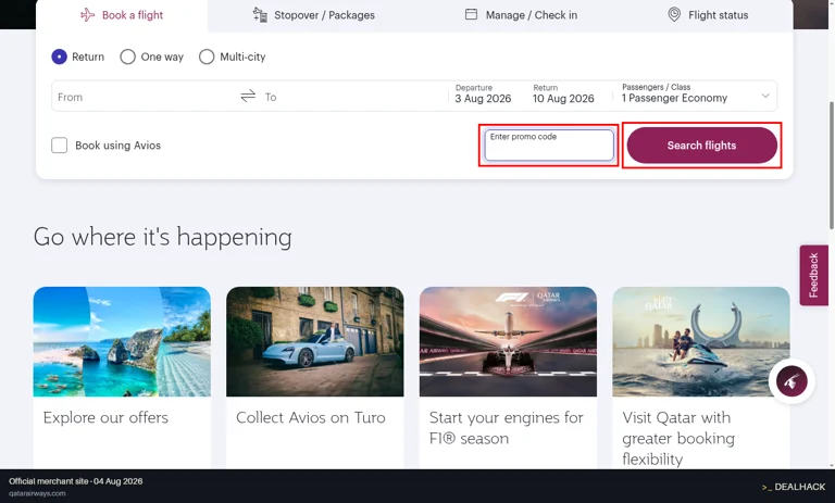Qatar Airways checkout page showing the Enter promo code field and Search flights button