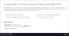 Screenshot of Qatar Airways's website on Oct 23, 2026 showing the "Up to 12% Off Flights With an Eligible Qatar Airways Card" offer