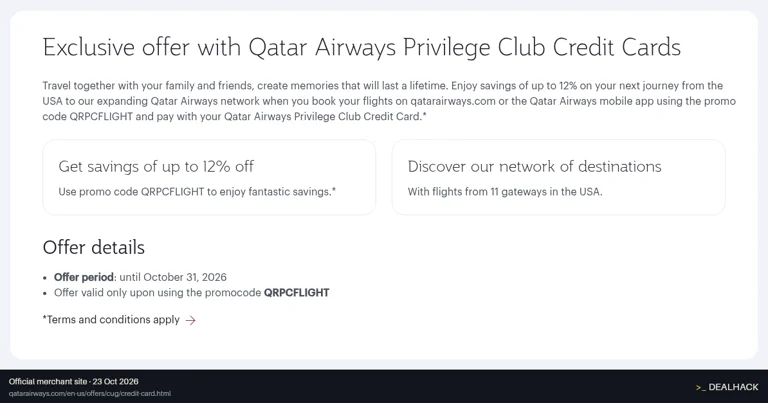 Screenshot of Qatar Airways's website on Oct 23, 2026 showing the "Up to 12% Off Flights With an Eligible Qatar Airways Card" offer