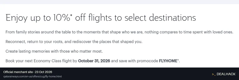 Screenshot of Qatar Airways's website on Oct 23, 2026 showing the "Up to 10% Off Economy Flights to Select Destinations" offer