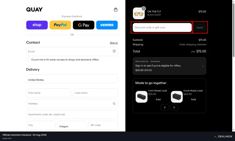 Quay checkout page showing the Discount code or gift card field and Apply button