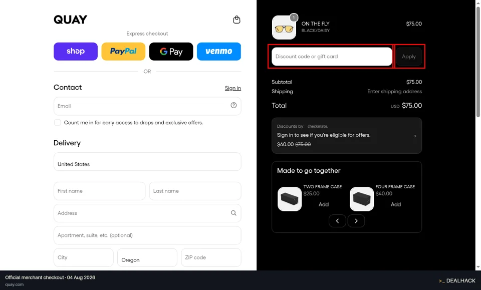 Quay checkout page showing the Discount code or gift card field and Apply button