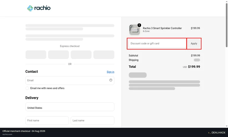 Rachio checkout page showing the Discount code or gift card field and Apply button
