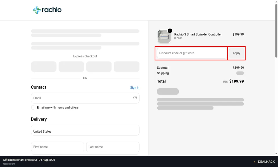 Rachio checkout page showing the Discount code or gift card field and Apply button