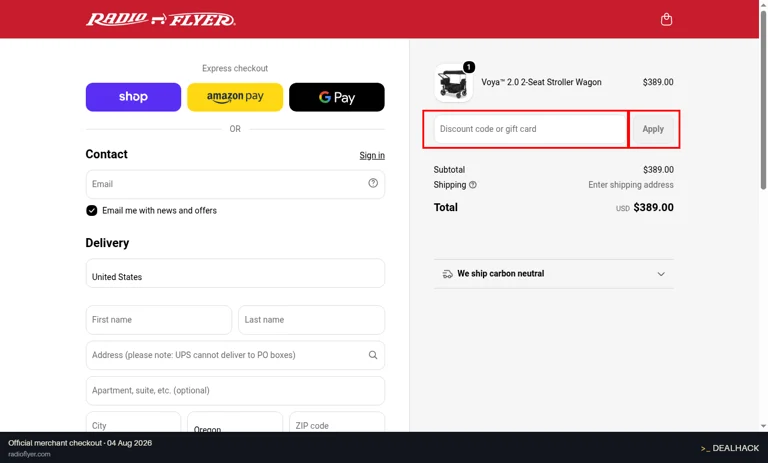 Radio Flyer checkout page showing the Discount code or gift card field and Apply button