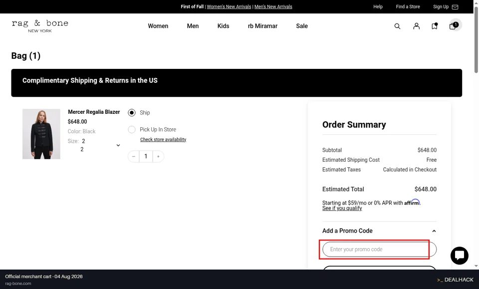 Rag & Bone checkout page showing the Enter your promo code field and Apply button