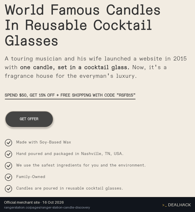 Screenshot of Ranger Station's website on Oct 16, 2026 showing the "15% Off $50+ Candle Discovery Offer + Free Shipping" offer