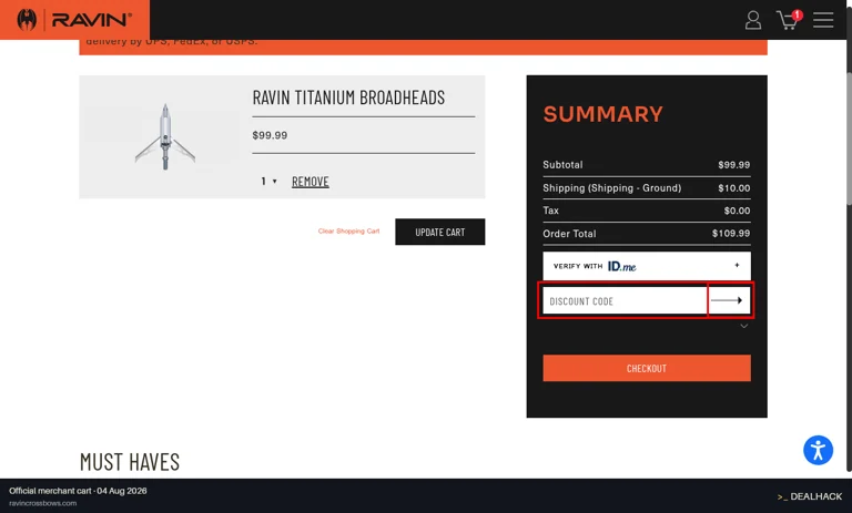 Ravin Crossbows checkout page showing the Discount code field and Apply button