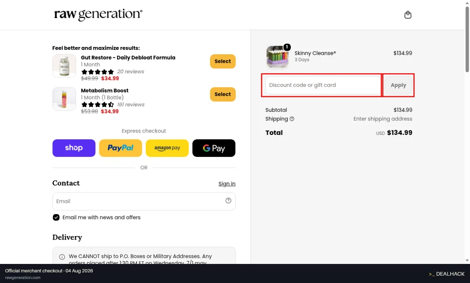 Raw Generation checkout page showing the Discount code or gift card field and Apply button