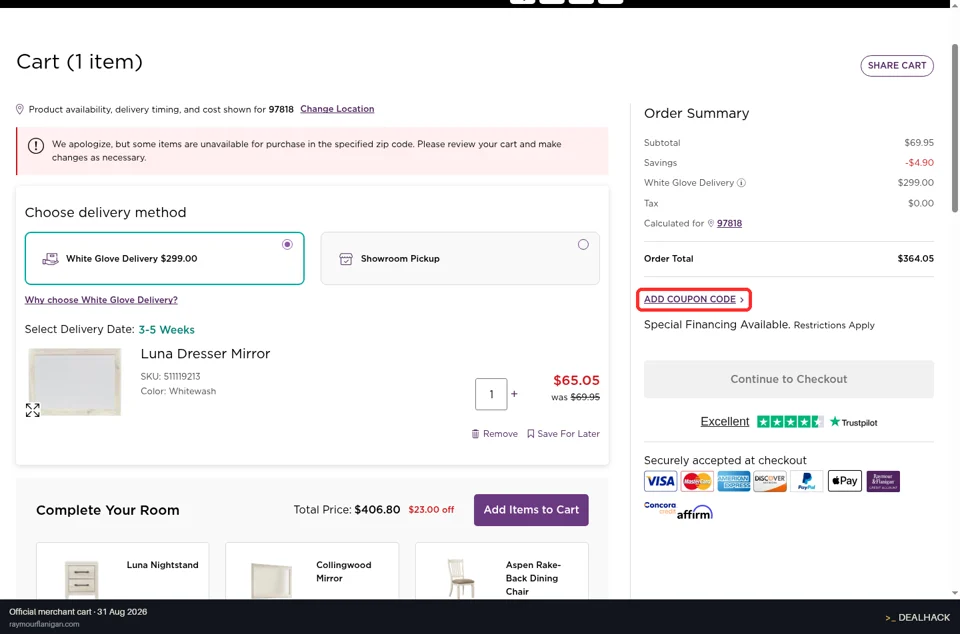 Raymour & Flanigan checkout page showing the ADD COUPON CODE field and Apply button
