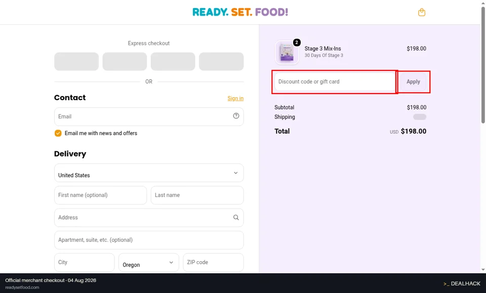 Ready. Set. Food! checkout page showing the Discount code or gift card field and Apply button