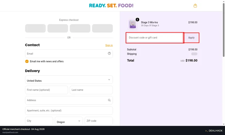 Ready. Set. Food! checkout page showing the Discount code or gift card field and Apply button