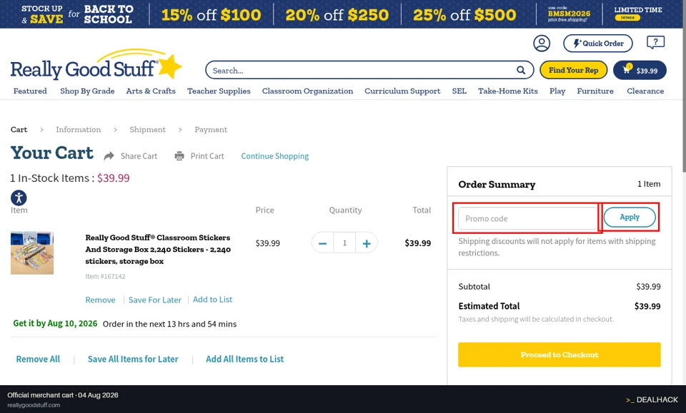 Really Good Stuff checkout page showing the Promo code field and Apply button