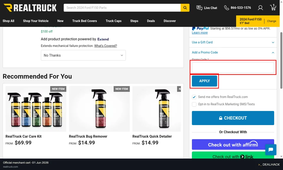 RealTruck checkout page showing the Promo Code * field and APPLY button