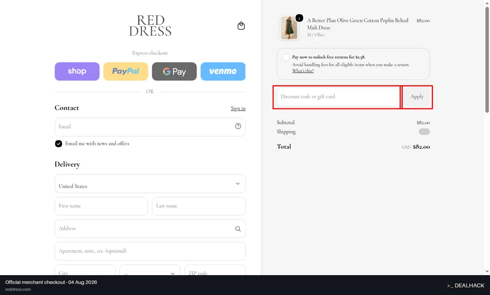 Red Dress checkout page showing the Discount code or gift card field and Apply button