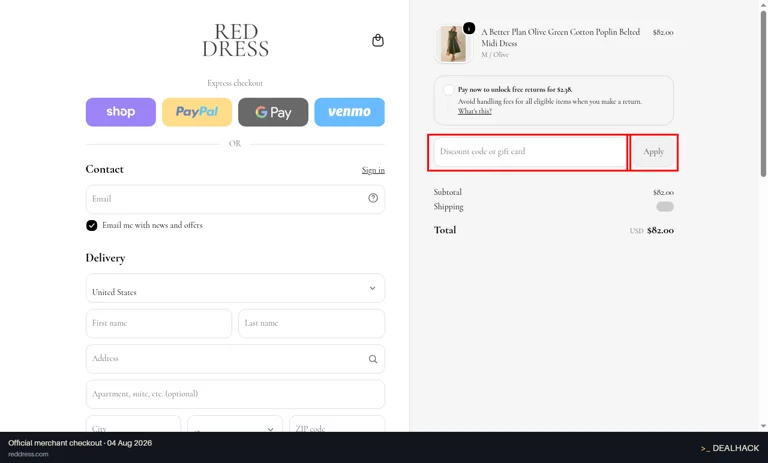 Red Dress checkout page showing the Discount code or gift card field and Apply button