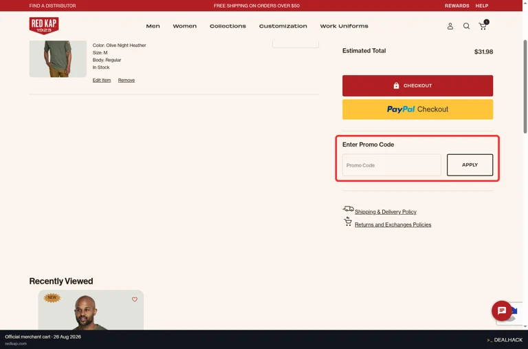 Red Kap checkout page showing the Promo Code field and Apply button
