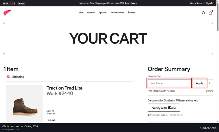 Red Wing Shoes checkout page showing the Enter Code field and Apply button