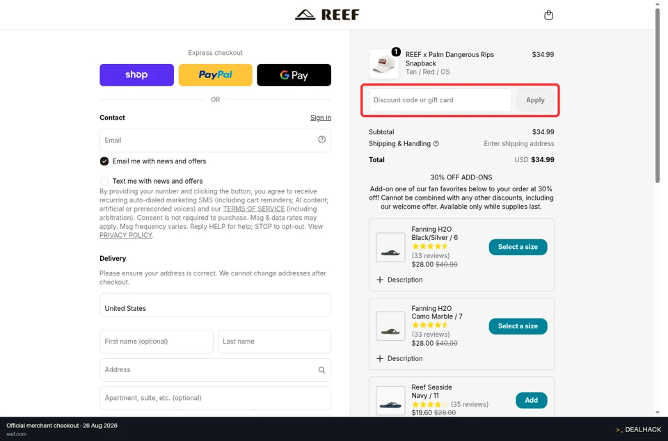 Reef checkout page showing the Discount code or gift card field and Apply button