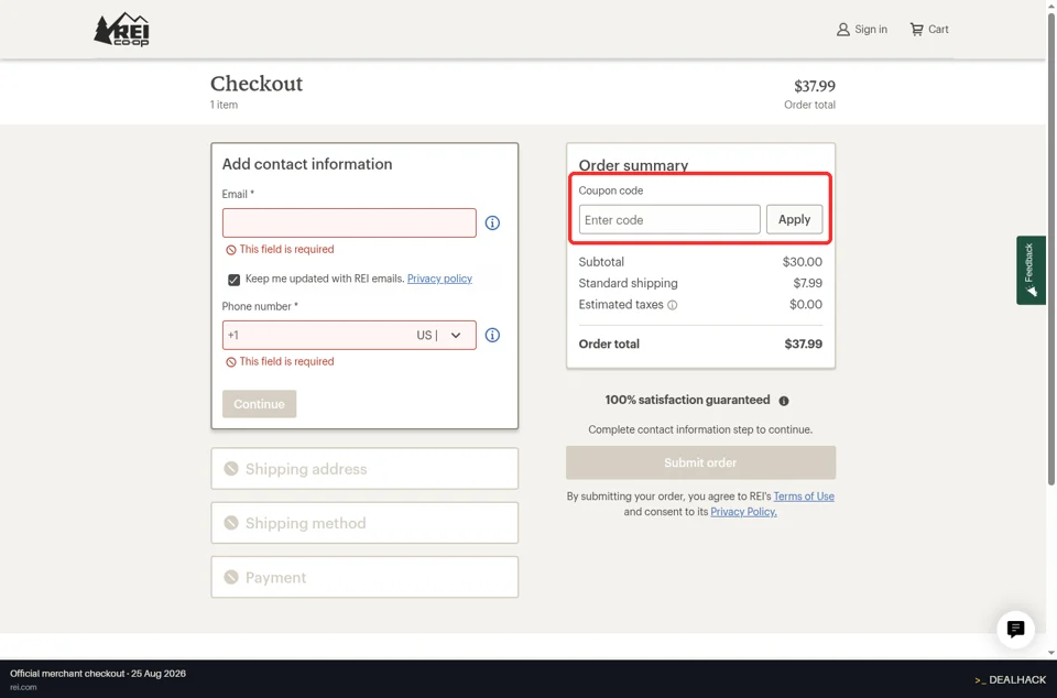 REI checkout page showing the Enter code field and Apply button