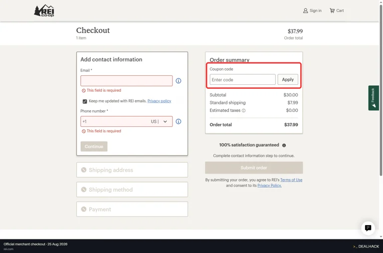 REI checkout page showing the Enter code field and Apply button